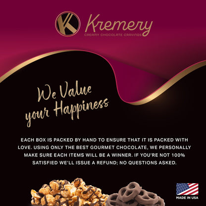 KREMERY Creamy Chocolate Cravings Easter Chocolate Covered Pretzels, Nuts, Candy & Caramel Popcorn (Deluxe, 3.5 lbs) Sweet Treats in Seagrass Tray with Ribbon Kosher