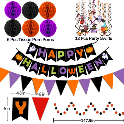 Happy Halloween Banner Paper Triangle Flag Bunting Circle Confetti Dots Hanging Garland Honeycomb Ball Swirl Streamers for Halloween Party Decorations