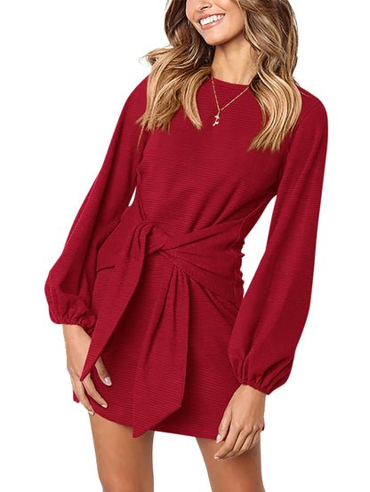 PRETTYGARDEN Women's Elegant Long Lantern Sleeve Short Dress Crewneck Tie Waist Knit Cocktail Dress (Red,Medium)