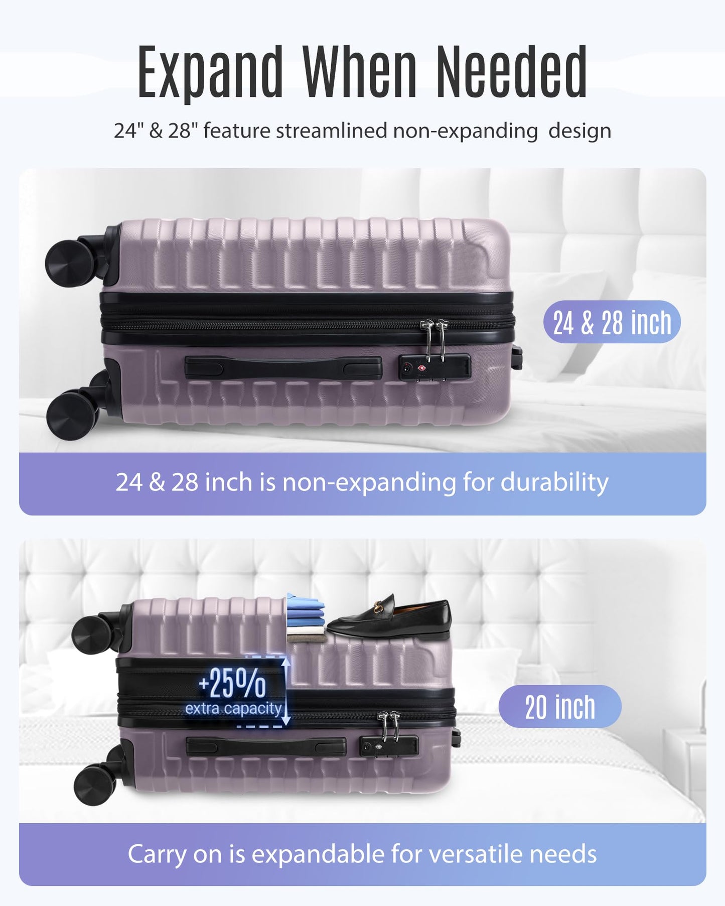 LIGHT FLIGHT Luggage Sets, 3 Piece Durable Suitcase Set with Spinner Wheels, 3 Pcs Hardside Lightweight luggage with TSA Lock, Large Checked Travel Suitcases, 20/24/28 Inch, Rose Purple