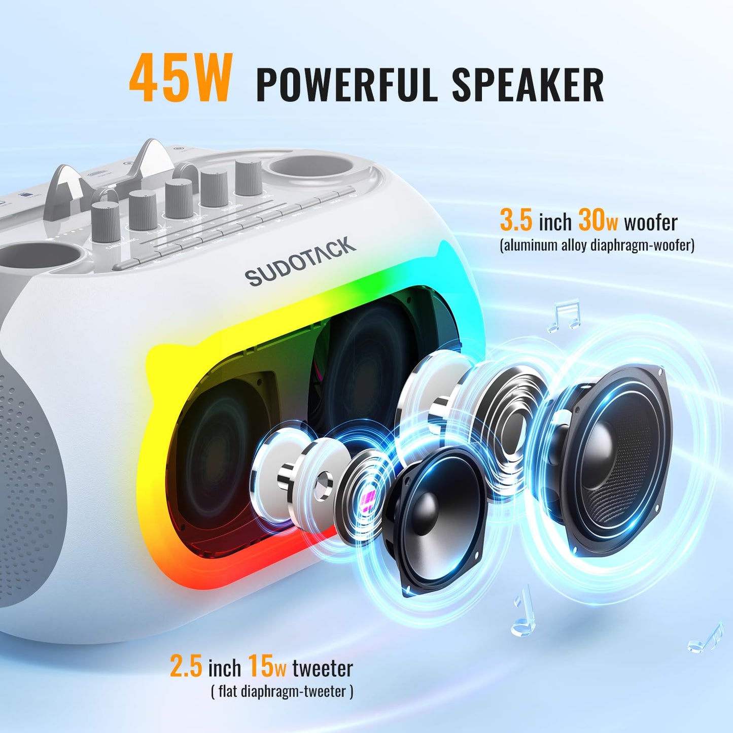 SUDOTACK Karaoke Machine for Adults Kids with 2 Wireless Microphones, Bluetooth PA Speaker System with Echo/Bass/Treble Adjustment for Home Party, Outdoor, Church, Picnic, Birthday Gifts (White)