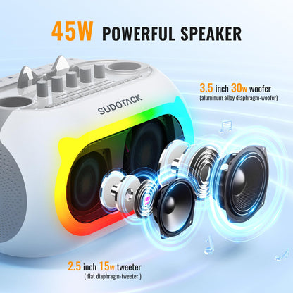 SUDOTACK Karaoke Machine for Adults Kids with 2 Wireless Microphones, Bluetooth PA Speaker System with Echo/Bass/Treble Adjustment for Home Party, Outdoor, Church, Picnic, Birthday Gifts (White)