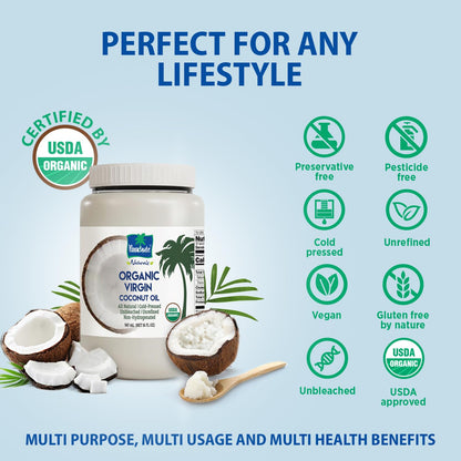 "Parachute Naturalz Organic Virgin Coconut Oil | Cooking Oil, Hair Oil, Body Oil & Oil Pulling | Cold Pressed | Unbleached | Unrefined | Non-Hydrogenated | MCT Oil | USDA Certified | 49 fl oz | Plastic Jar"