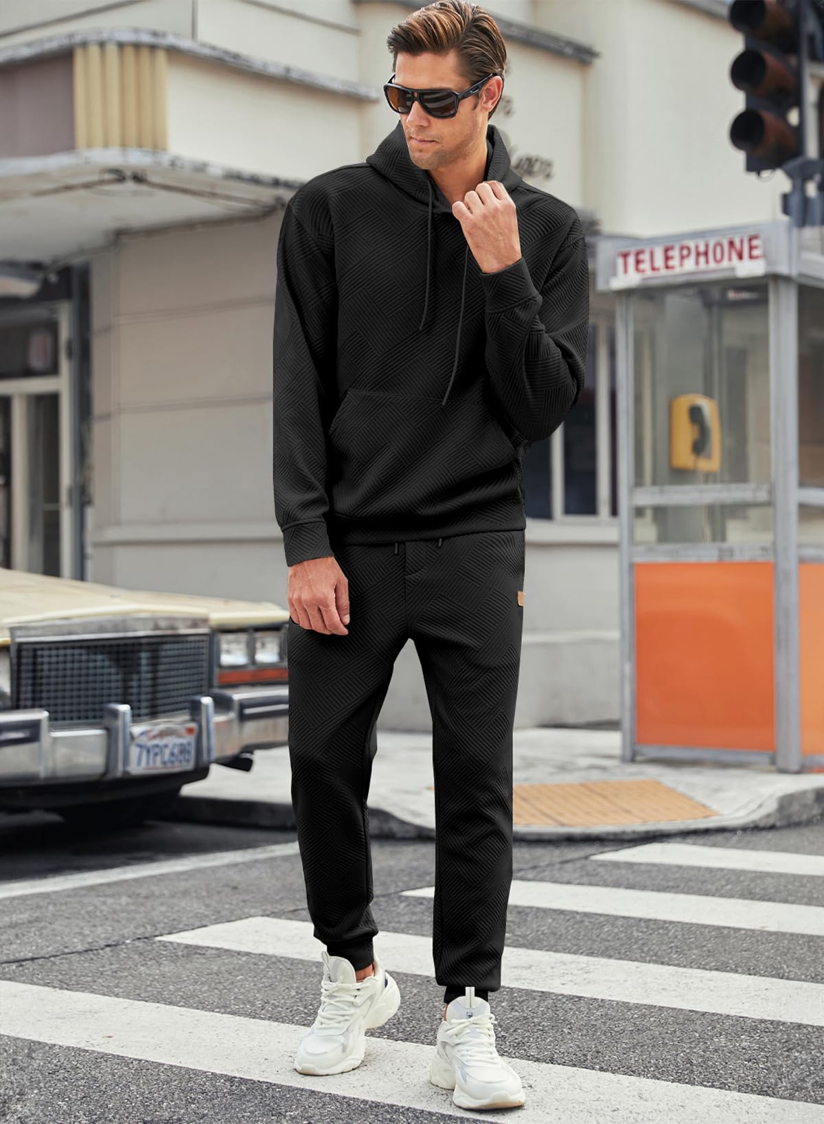 JMIERR Sweatsuits for Men Set 2 Piece Airport Outfits Jacquard Sweatsuits Long Sleeve Hoodie Sweatshirt & Joggers Sweatpants, Fall Tracksuit Matching Lounge Sets, Large, Black