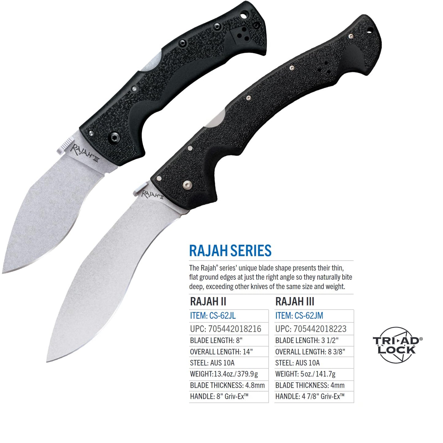 Cold Steel Rajah ll Japanese AUS10A 6" Blade 8" Griv-Ex Handle Tactical Folding Knife with Tri-Ad Lock, Ambidextrous Pocket/Belt Clip