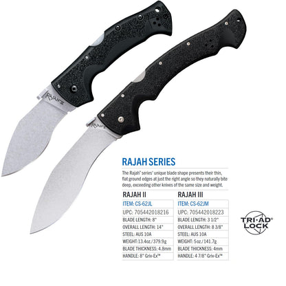 Cold Steel Rajah ll Japanese AUS10A 6" Blade 8" Griv-Ex Handle Tactical Folding Knife with Tri-Ad Lock, Ambidextrous Pocket/Belt Clip