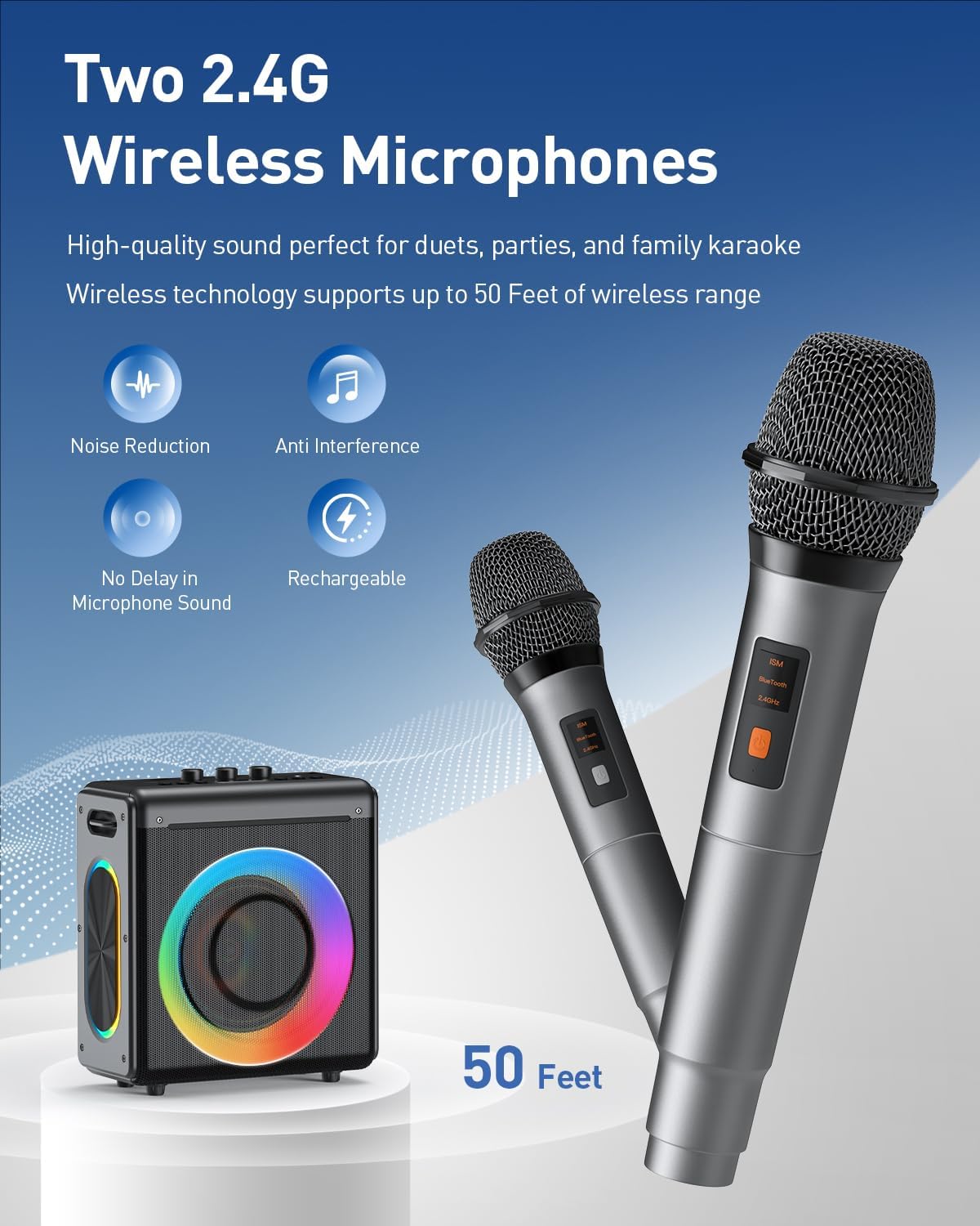 Karaoke Machine with 2 Wireless Rechargeable Microphones: Portable Bluetooth Speaker for Adults & Kids - PA System with Lights Supports TWS/TF Card/USB/AUX for Home Party