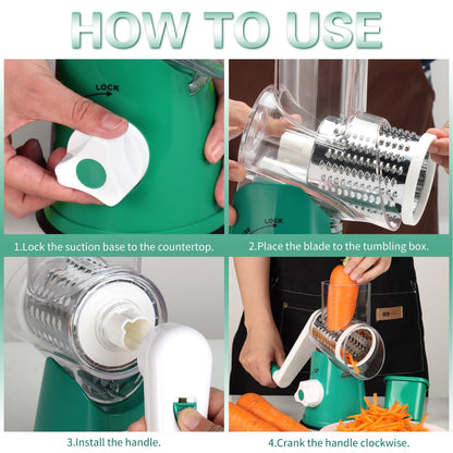 Cambom Rotary Cheese Grater Hand Crank Cheese Shredder for Fresh Cheese, Vegetable, Nuts,Non-slip Suction Base, Free Cleaning Brush Three Blades, Deep Green