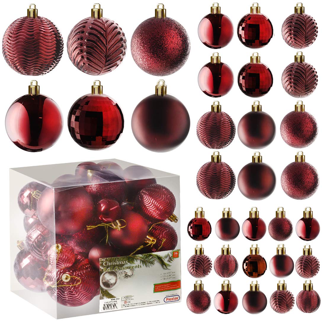 Prextex 36pc Shatterproof Christmas Ball Ornaments - Red, 6 Styles in 3 Sizes, with Hanging Loops for Tree, Wreath, Party Decor