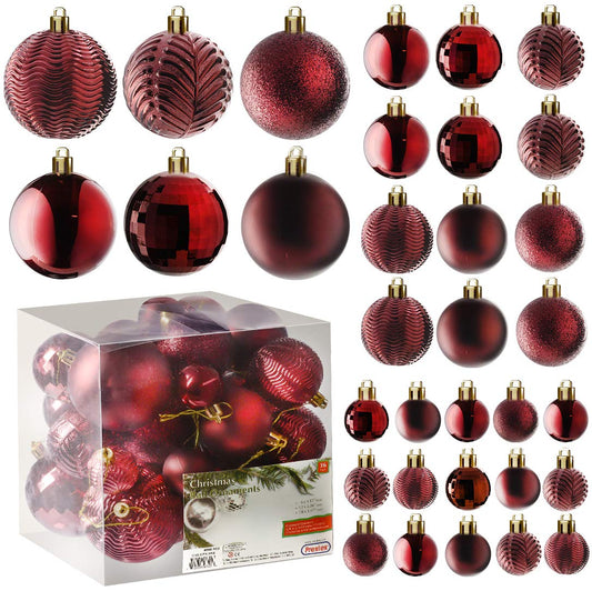 Prextex 36pc Shatterproof Christmas Ball Ornaments - Red, 6 Styles in 3 Sizes, with Hanging Loops for Tree, Wreath, Party Decor