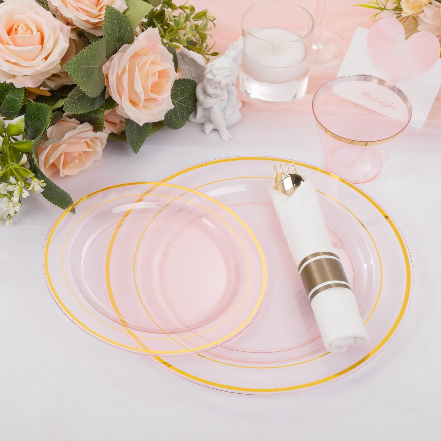 WELLIFE 210Pcs Clear-Pink Plastic Dinnerware- Pink and Gold Plastic Dinnerware include 30 Dinner Plates, 30 Dessert Plates, 90 Gold Silverware, 30 Cups and 30 Napkins Perfect for Parties