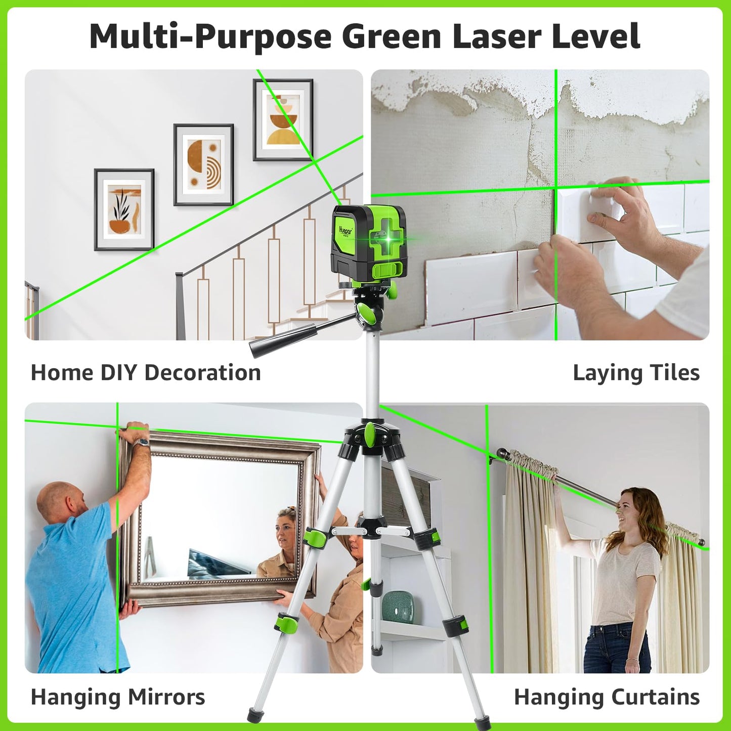 HUEPAR Laser Level Classic, 100ft Self Leveling Green Cross Line Laser for Picture Hanging, Tile, Decoration & DIY Indoor Construction – 360° Magnetic Base & Battery Included