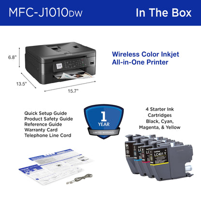 Brother MFC-J1010DW Wireless Color Inkjet All-in-One Printer, Duplex Printing, Mobile & Cloud Print, Compact Design, 1.8" Color Display, Works with Alexa