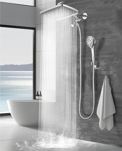 Heemli 12-inch Rain Showerhead - Dual Showerheads, High Pressure Showerhead with 8 Pattern Handheld Sprayer Set - Height Adjustable Upgrade Extension Arm, Chrome Plated