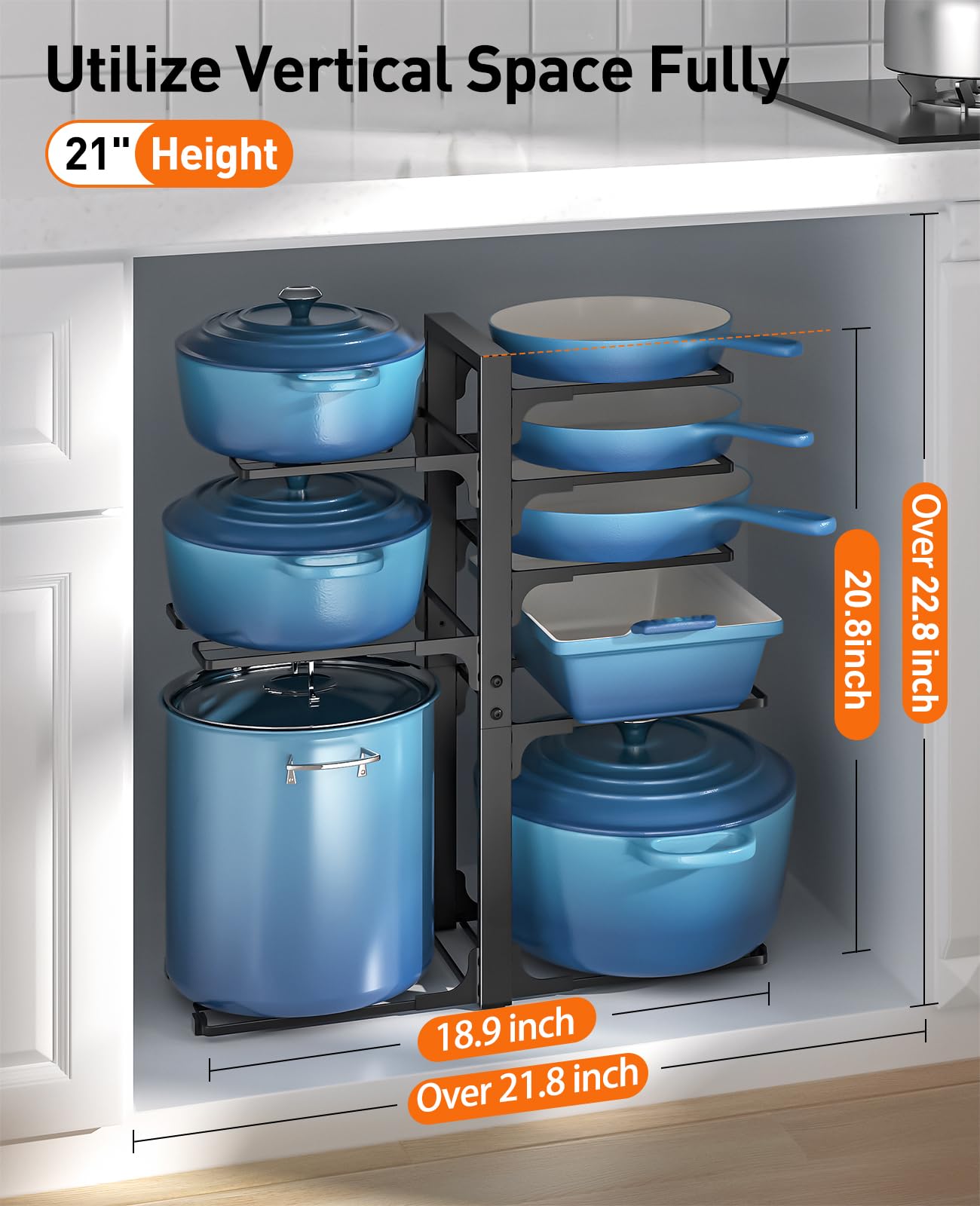 ORDORA Pots and Pans Organizer: under Cabinet, 20.8" Height Heavy Duty 120LBS Pots Pans Organizer Rack for under Cabinet 8-Tier Adjustable for Big Stockpots, Dutch Oven, Cast-iron Pans, Heavy Cookware