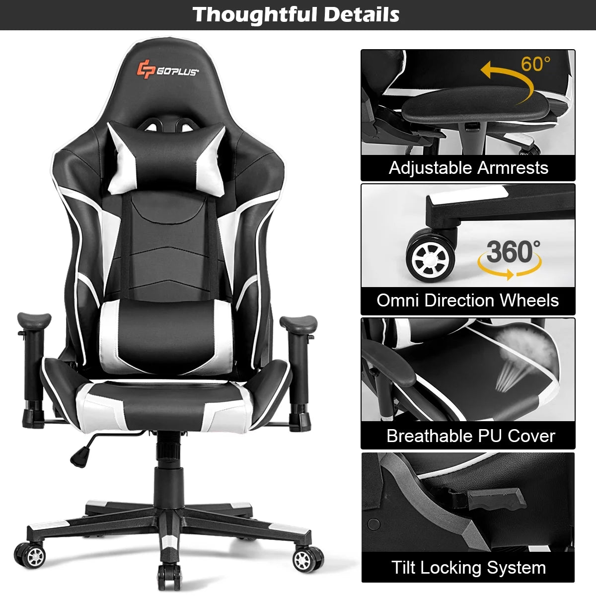 Goplus Massage Gaming Chair Racing Computer Swivel Chair with Headrest & Lumbar Support White