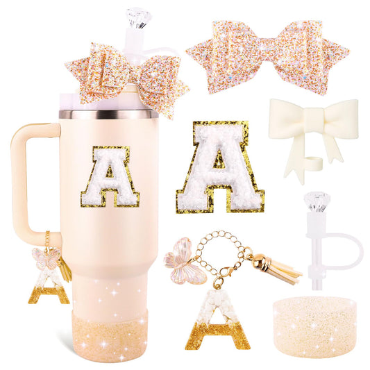 White Cup Accessories Set for Stanley 30OZ & 40OZ Tumbler with Handle, Letter Charms, Bow & Diamond Straw Covers, Glitter Silicone Boot, Personalized Sticker for Stanley Cup Accessories (A)