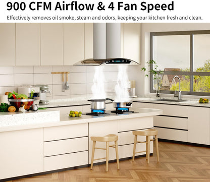 IKTCH Upgrated 30 inch Island Mount Range Hood, 900 CFM Ducted Range Hood with 4 Speed Fan, Stainless Steel& Tempered Glass with Gesture Sensing&Touch Control Making life Smarter IKIS01-30