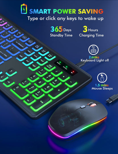 Wireless Keyboard and Mouse Combo - RGB Backlit, Rechargeable & Light Up Letters, Full-Size, Ergonomic Tilt Angle, Sleep Mode, 2.4GHz Quiet Keyboard Mouse for Mac, Windows, Laptop, PC