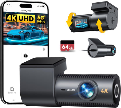 CIEVIE 4K Dash Cam Front and Rear, 64GB SD Card, 1.5” IPS Display Car Camera, 5Ghz WiFi+App Control, Night Vision, 24H Parking Mode, G-Sensor, WDR, 170° Wide Angle, 4K+1080P Dual Dash Camera for Cars