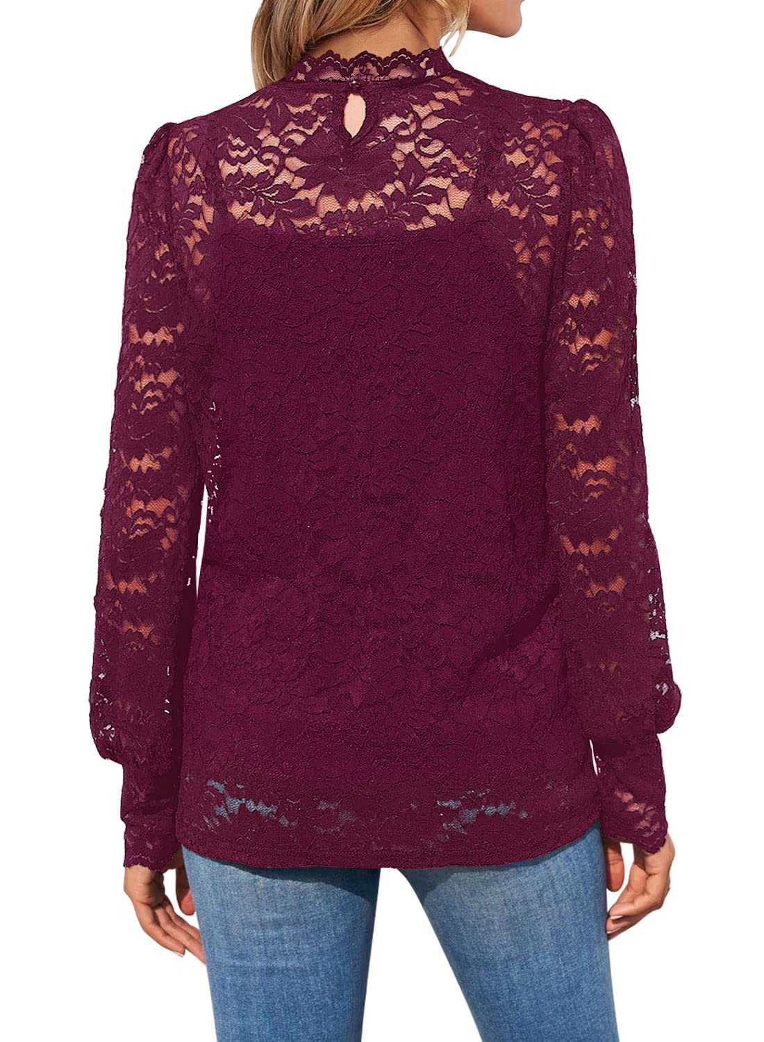 DOROSE Tops for Women Sexy Lace Mesh Puff Long Sleeve Blouses Shirts Wine Red S