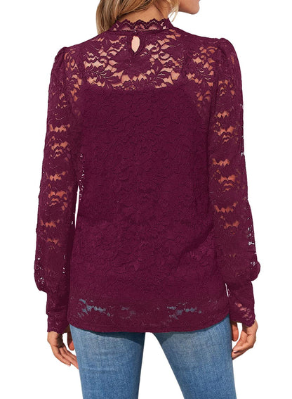 DOROSE Tops for Women Sexy Lace Mesh Puff Long Sleeve Blouses Shirts Wine Red S