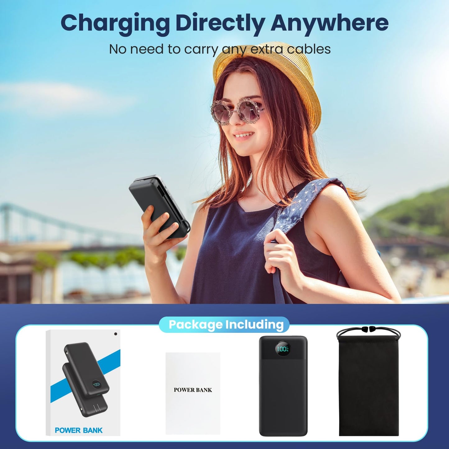 Portable Charger 33800mAh USB C Power Bank with Built-in Cables & AC Wall Plug,25W Fast Charging+QC 4.0 Phone Charger,4 Output LCD Display Battery Pack Compatible with iPhone16/15,Samsung,Android etc