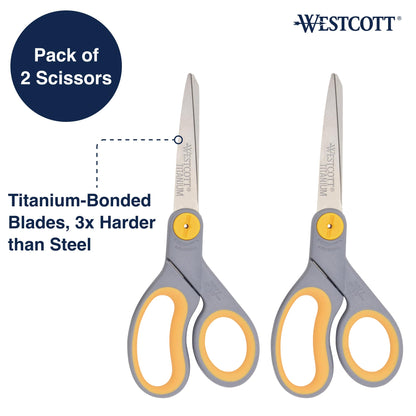 Westcott 8-Inch Titanium-Bonded Scissors with Adjustable Glide Feature for Office and Home - Gray/Yellow, 2-Pack