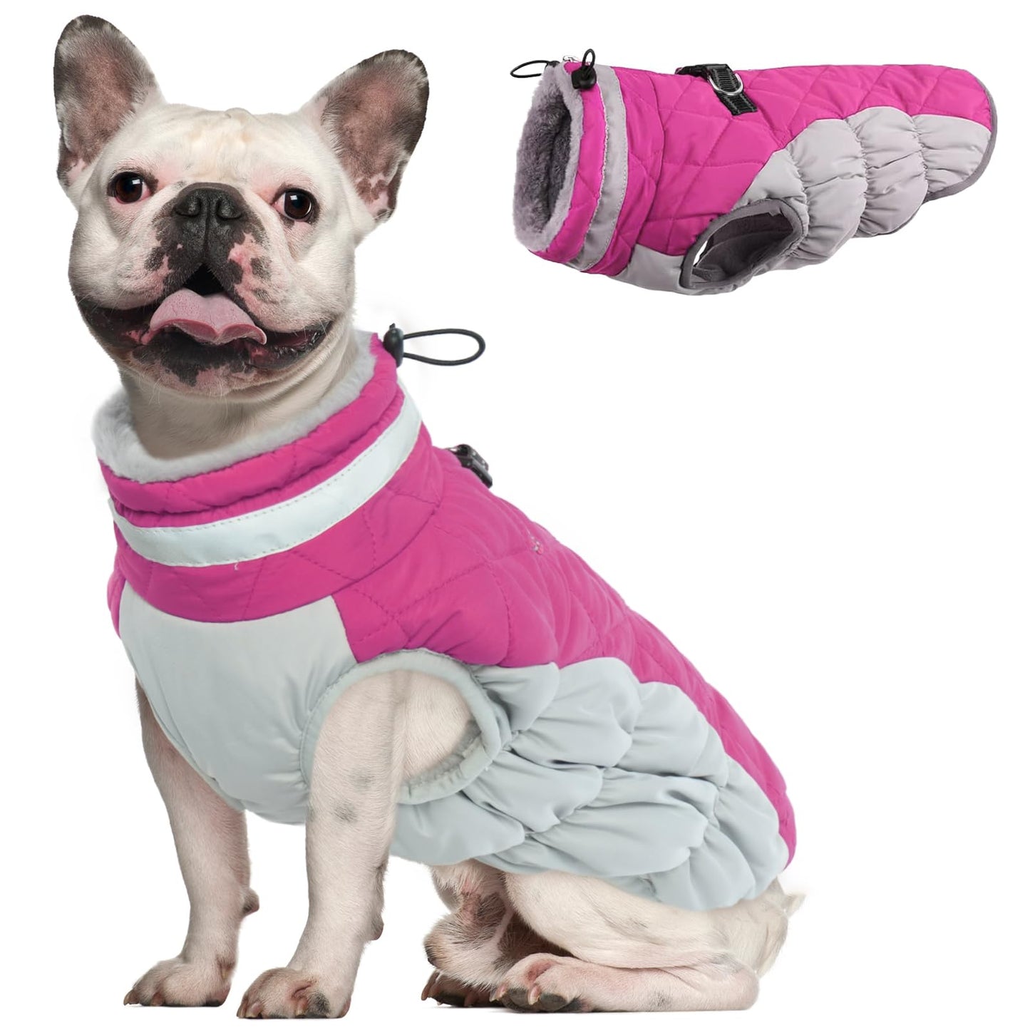 OUOBOB Dog Coat, Fleece Dog Vest with Harness Built in, Dog Cold Weather Coats, Dog Snowsuit Waterproof, Dog Coats for Small Dogs, Dog Winter Jacket Windproof, Dog Puffer Jacket Rose Red S