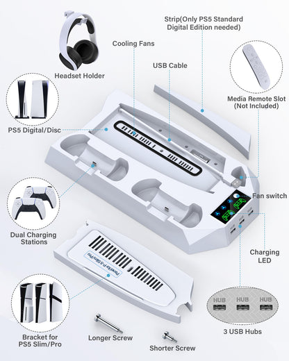 PS5/PS5 Slim/PS5 Pro Stand and Cooling Station with Dual Controller Charging Station for PlayStation 5 Console, PS5 Accessories Incl. Controller Charger, Cooling Fan, Headset Holder, 3 USB Hub, White