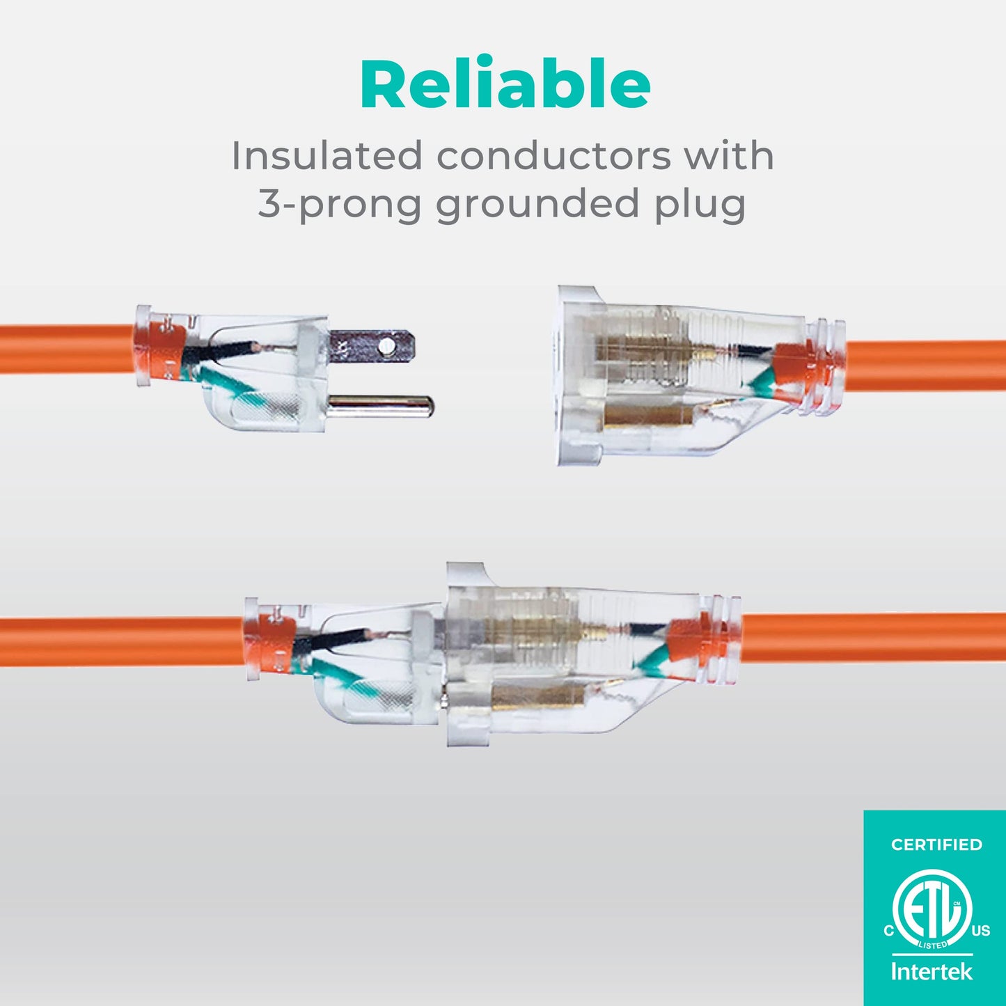 KMC 50ft 16AWG Outdoor Extension Cord, SJTW 16/3 Lighted Power Cord, Bright Orange, ETL Certified (50ft/15.24m)