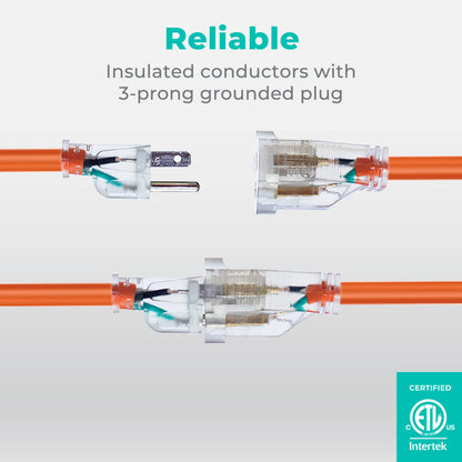 KMC 50ft 16AWG Outdoor Extension Cord, SJTW 16/3 Lighted Power Cord, Bright Orange, ETL Certified (50ft/15.24m)