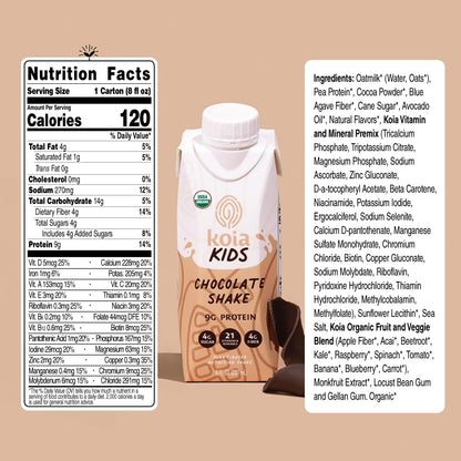 Koia Kids Plant Based Protein Shake, Chocolate, Ready to Drink, 9g Protein, 4g Low Sugar, 4g Fiber, 21 Vitamins & Minerals, Dairy-Free, Allergen-Free, Organic, Non-GMO, 8 Fl Oz (Pack of 12)