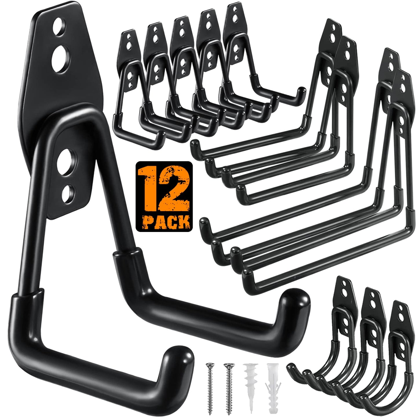 HUPBIPY 12 Pack Garage Hooks Heavy Duty,Utility Steel Garage Storage Hooks,Wall Mount Garage Hanger&Organizer for Organizing Power Tools,Ladders,Bulk Items,Bikes,Ropes and More Equipment