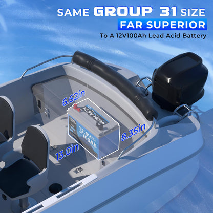 GrenerPower 12.8V100Ah Group 31 Dual Purpose LiFePO4 Battery, Built-in 200A BMS, IP66 Waterproof, and Max. 900A Marine Cranking Starting Lithium Battery, Up to 4P4S for Outboard Motors, Boat, RV, Home