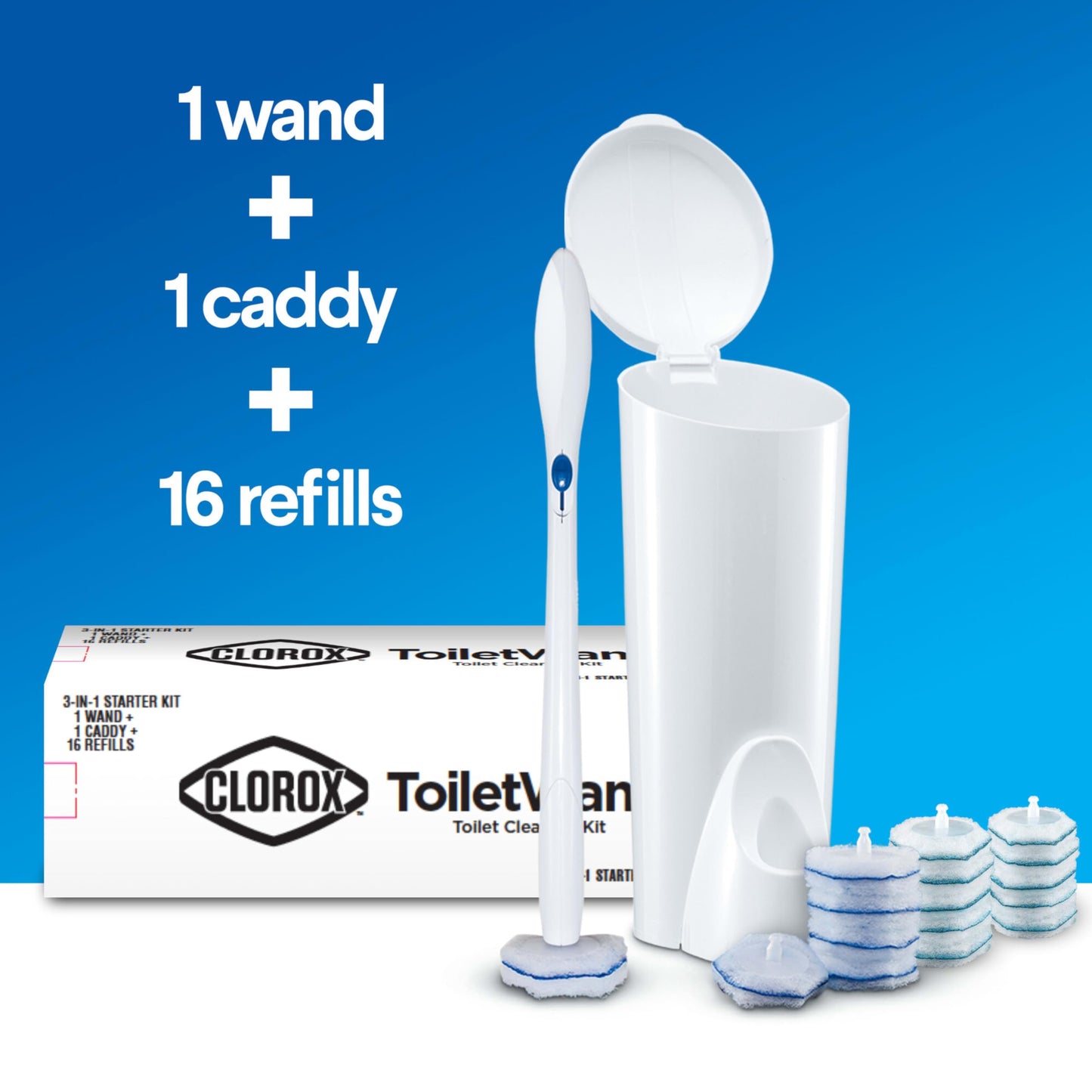 Clorox Original Toilet Cleaning System - ToiletWand, Storage Caddy and 16 Refill Heads, Dorm Room Essentials,