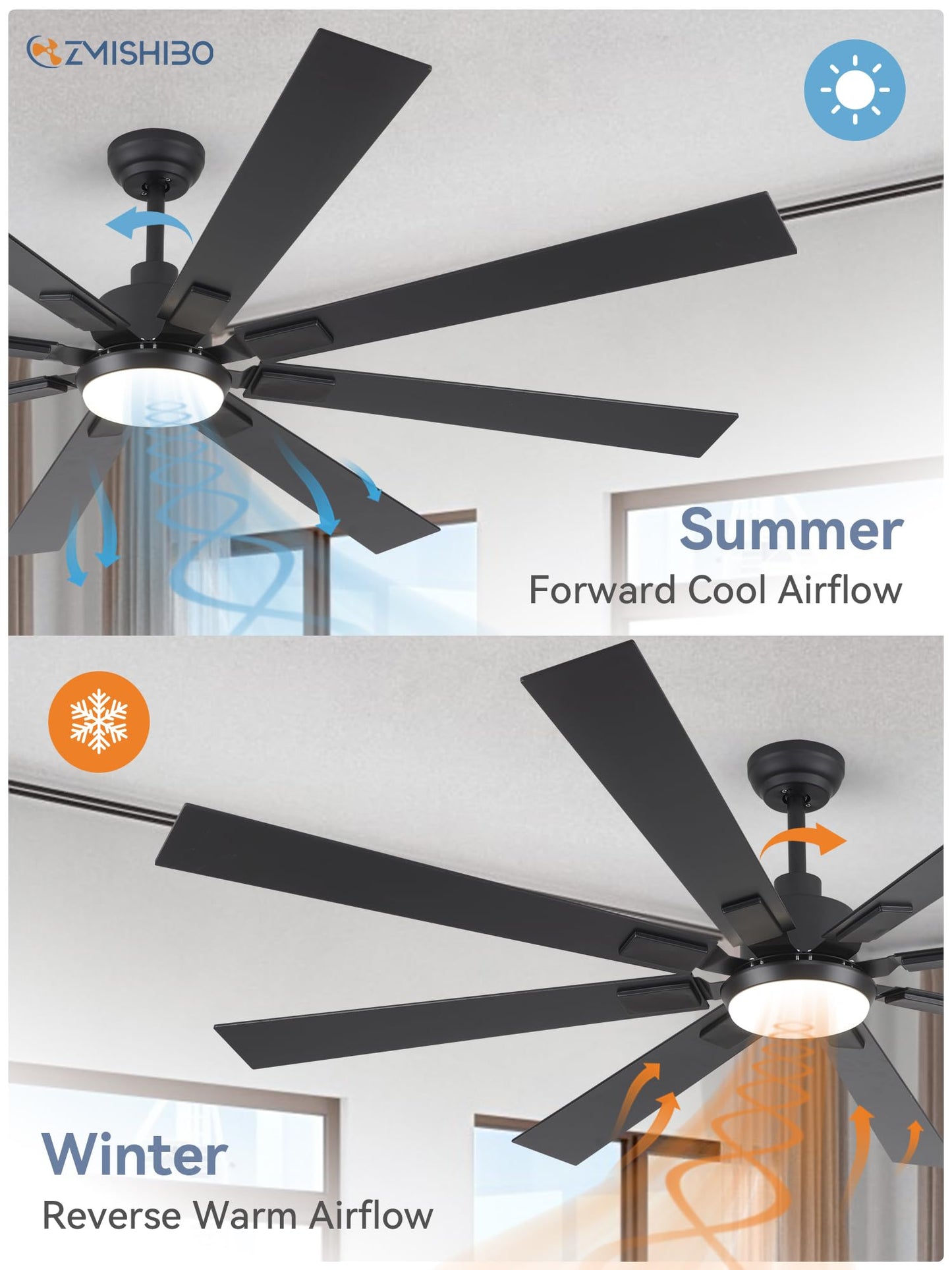 ZMISHIBO 72 inch Large Ceiling Fans with Lights and Remote, Indoor/Outdoor Black Modern Ceiling Fan for Kitchen Living Room Patio, 6 Speed Reversible Quiet DC Motor, 3 CCT, Dual Finish 8 Blades