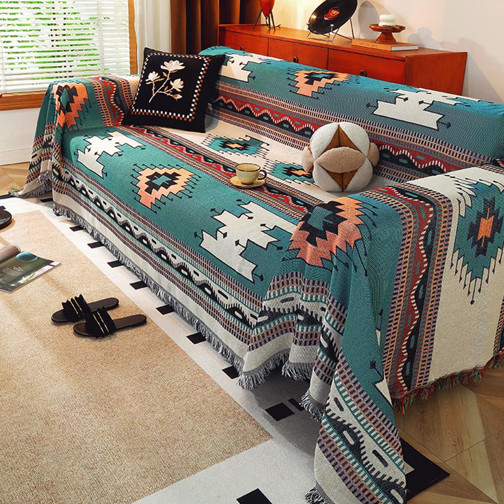 Homesy Boho Throw Blankets Southwestern Bed Throws Cover Reversible Green Aztec Southwest Blanket for Couch Chair Sofa Home Outdoor Beach Car Tent Travel Camping 51"x63"