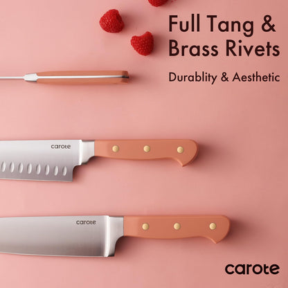 CAROTE 11 Pieces Knife Set with Block for kitchen, Stainless Steel Razor-Sharp Blade, Triple Riveted Ergonomic Handle, Wooden Magnetic Block, Essential Knife Block Set, Pink
