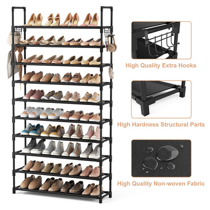 VTRIN 10 Tier Shoe Rack Tall Large Capacity 50 Pair Wide Shoe Organizer with Two Hooks Sturdy Metal Shoe Shelf for Entryway, Closet, Bedroom