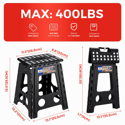 ACKO Folding Step Stool Foldable 16 Inch 400 lbs Capacity, Plastic Stools for Adults and Kids, Collapsible Stools for Kitchen, Stepping Stool with Handle, Black, 1 PC