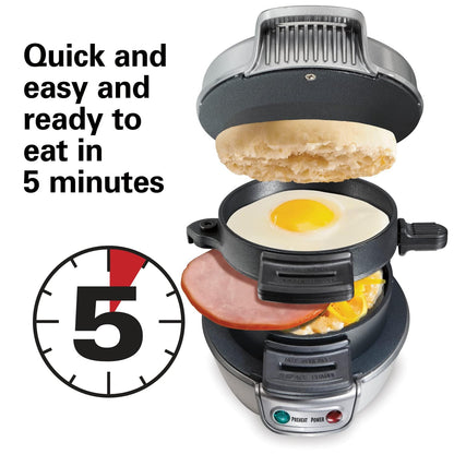 Hamilton Beach Breakfast Sandwich Maker with Egg Cooker Ring, Customize Ingredients, Perfect for English Muffins, Croissants, Mini Waffles, Perfect White Elephant Gifts, Silver (25475)