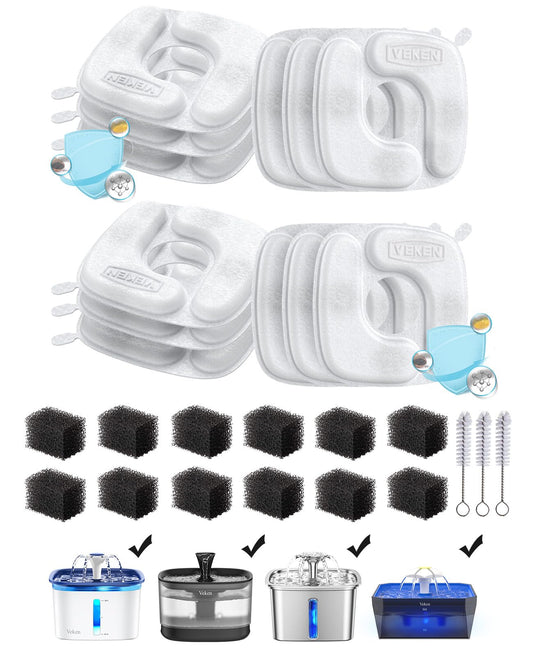 Veken Cat Water Fountain Filters, 12 Pack Replacement Filters & 12 Pack Replacement Pre-Filter Sponges Set for 50oz, 84oz, 95oz or 108oz Automatic Pet Fountain Dog Water Dispenser