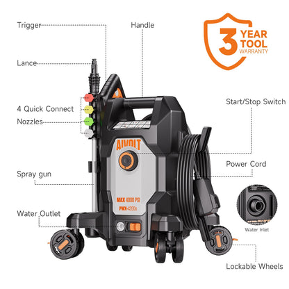 AIVOLT Electric Pressure Washer, Anti-Tipping Power Washer Surge Pressure 4800PSI with 36FT Cable & 25FT Hose, 4 Nozzles, Soap Tank, High Pressure Cleaner Machine for Car Washing, House, Garden