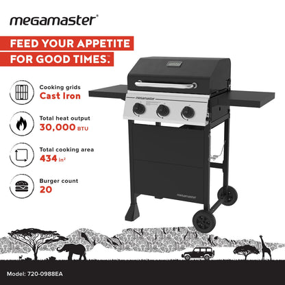 Megamaster 3-Burner Propane Gas Grill with Folding Side Tables, 30,000BTUs, 429.81 sq. in. Cooking Space, Stainless Steel Control Panel, Outdoor Kitchen Grill for BBQs, Patios, and More - 720-0988EA