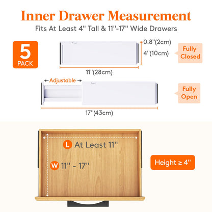 Lifewit 5 Pack Drawer Dividers 4" High, 11-17" Adjustable Dresser Drawer Organizers for Clothes, Expandable Dresser Separators in Bedroom/Bathroom/Kitchen/Vanity/Office Organization and Storage, White