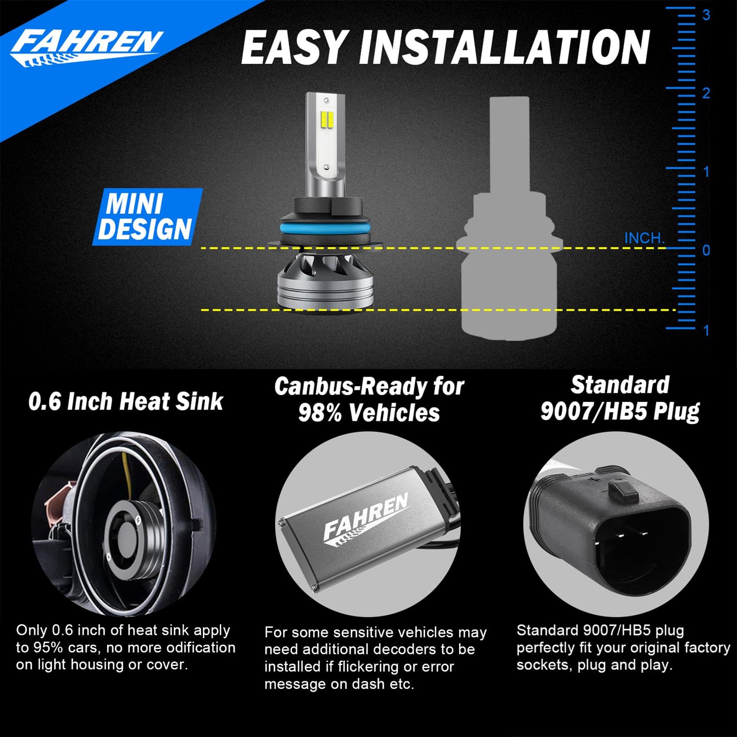 FAHREN 9007 Light Bulbs, 6500K White Upgraded Brightness HB5 Fog Lights with Cooling Fan, 98% Compatible with External Driver, IP68 Waterproof Pack of 2