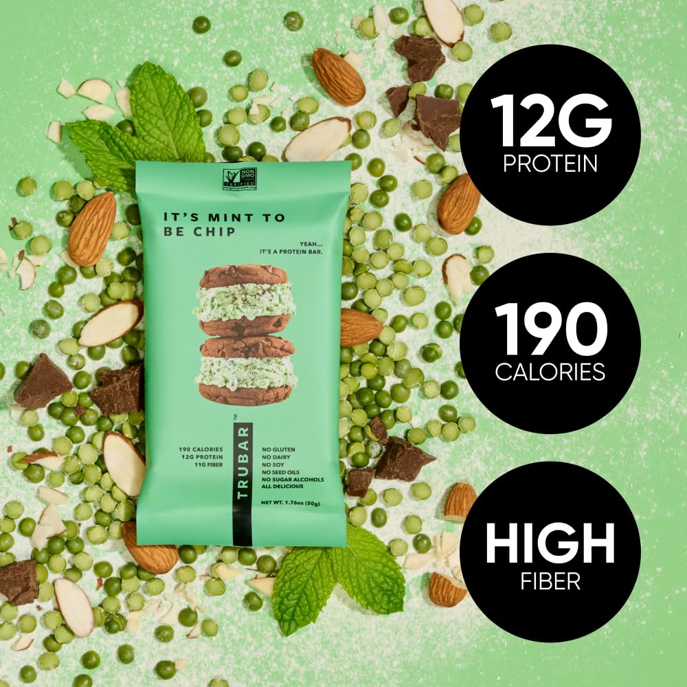 TRUBAR Vegan Protein Bars - Soy Free, Dairy Free, Gluten Free Protein Bars - No Sugar Alcohols - Non-GMO - 12g of Protein - It's Mint To Be Chip - 12 Count