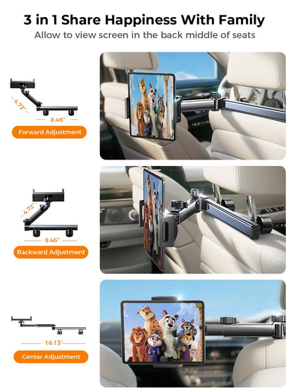 LISEN for iPad Holder Car Mount Road Trip Essentials Activities for Kids, Car Accessories for Women Interior, 3 in 1 Tablet Holder Backseat Camping Car Organizer Back Seat Headrest iPad Mount