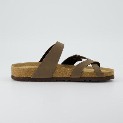 CUSHIONAIRE Luna Cork Footbed Women's Sandals - Comfortable Slip-On Slides with Adjustable Straps & Memory Foam for All-Day Wear | Beach Essential Summer Sandals for Women 2025, BROWN 7.5